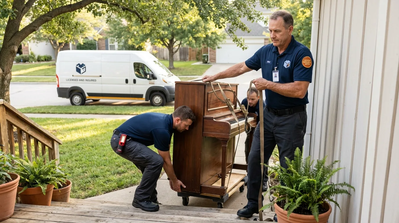Licensed piano movers securing grand piano in South Bound Brook, NJ