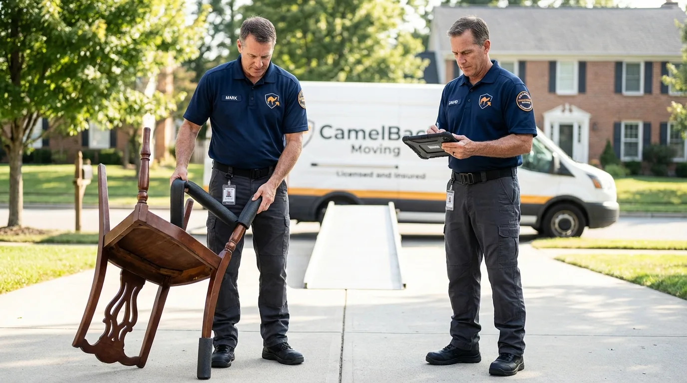 Movers inspecting furniture for damage prevention before loading in South Bound Brook, NJ