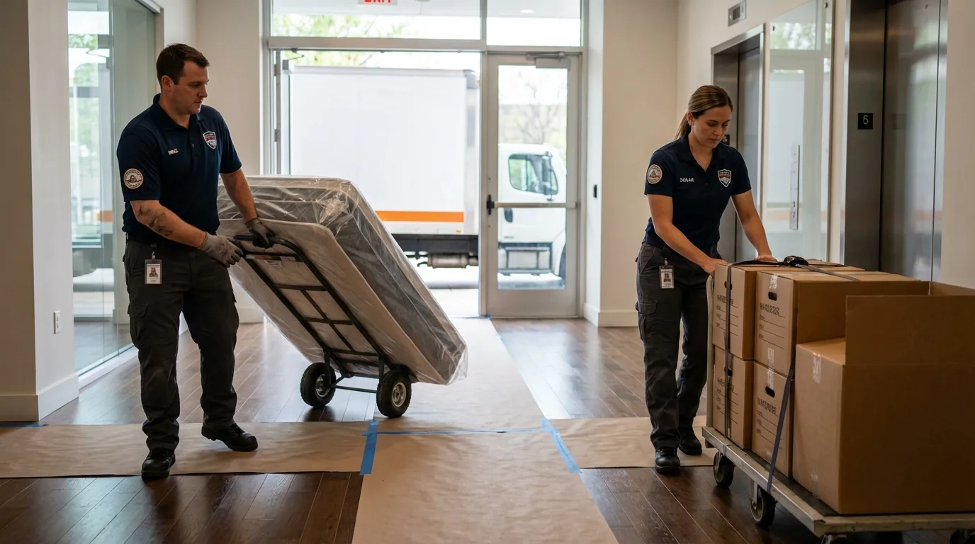 Professional apartment movers loading elevator in South Bound Brook, NJ