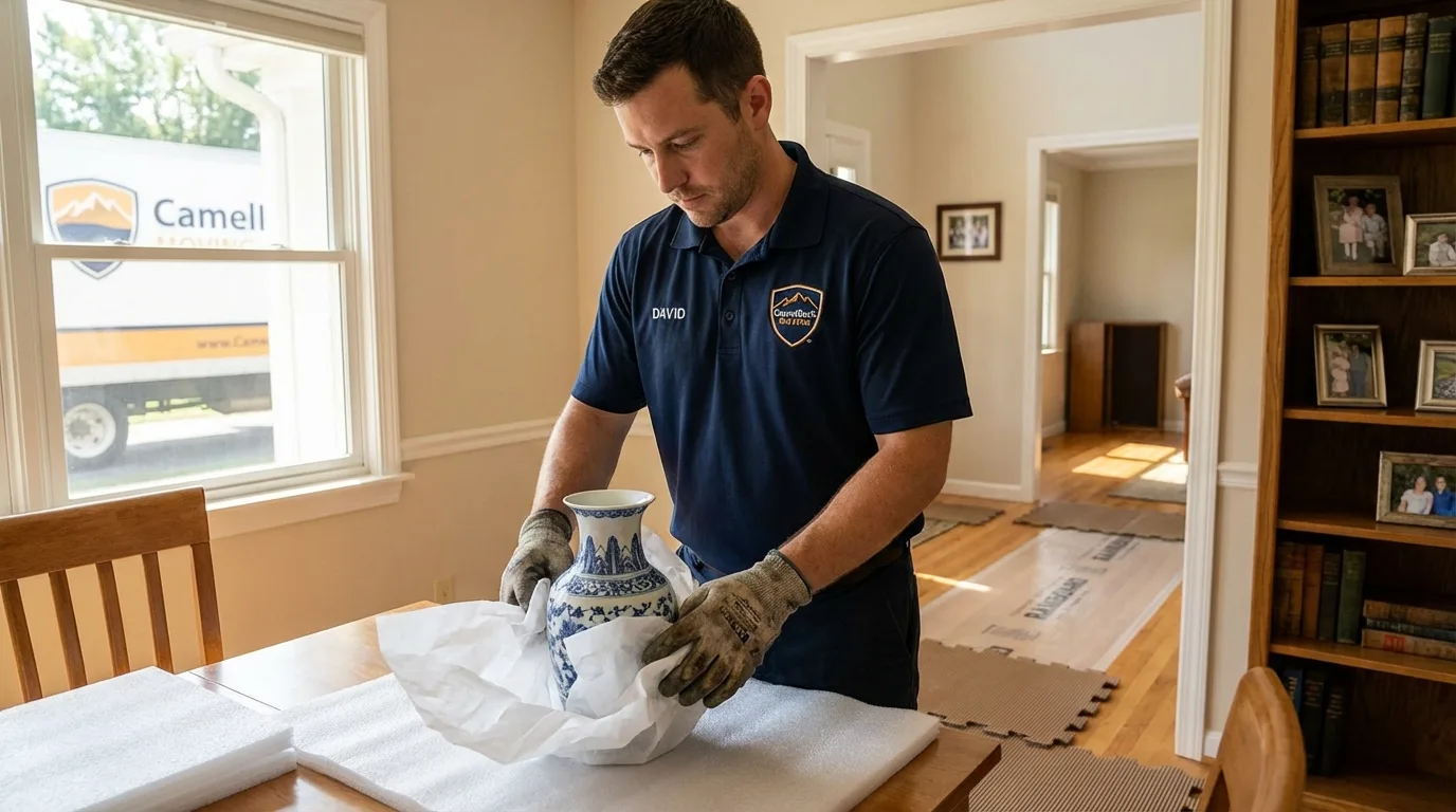 Professional crew carefully wrapping antique vase for senior downsizing move in South Bound Brook, NJ